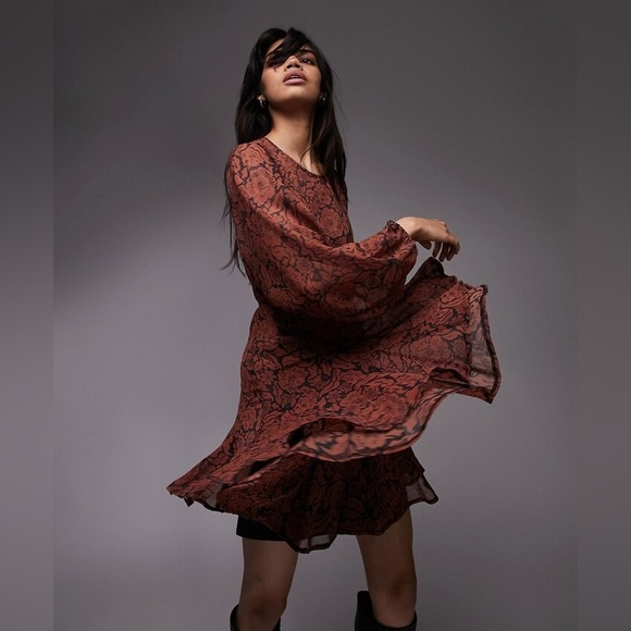 Womens topshop swing paisley floral print chuck on mini dress size 2 retro 70s - Picture 2 of 6